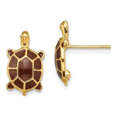 14K Yellow Gold Brown Enamel Sea Turtle Stud Earrings