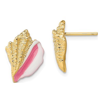 14K Yellow Gold Pink Enamel Shell Stud Earrings