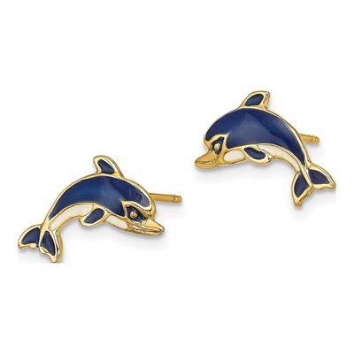 14K Yellow Gold Blue Enamel Dolphin Stud Earrings – view 3