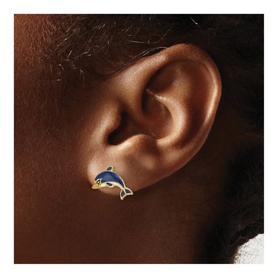 14K Yellow Gold Blue Enamel Dolphin Stud Earrings – view 4