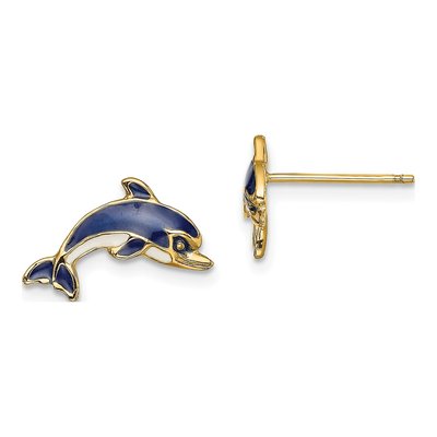 14K Yellow Gold Blue Enamel Dolphin Stud Earrings