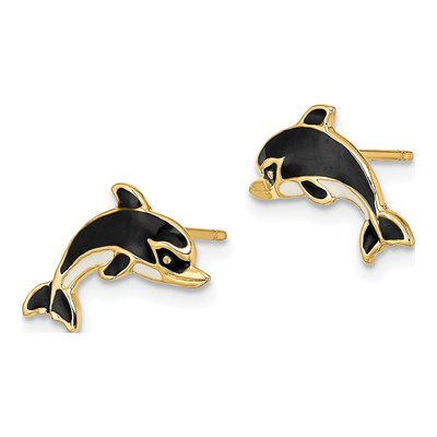 14K Yellow Gold Dolphin Enamel Stud Earrings – view 3
