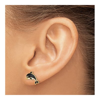 14K Yellow Gold Dolphin Enamel Stud Earrings – view 4