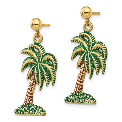 14K Yellow Gold Green Brown Enamel Palm Tree Dangle Earrings – view 3