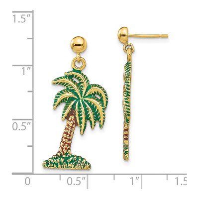 14K Yellow Gold Green Brown Enamel Palm Tree Dangle Earrings – view 5