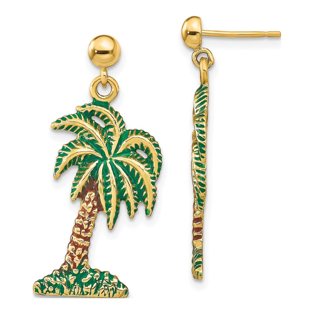 14K Yellow Gold Green Brown Enamel Palm Tree Dangle Earrings