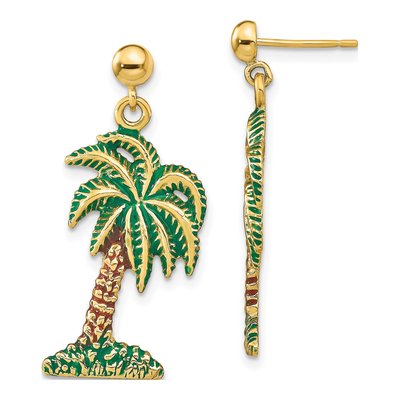 14K Yellow Gold Green Brown Enamel Palm Tree Dangle Earrings