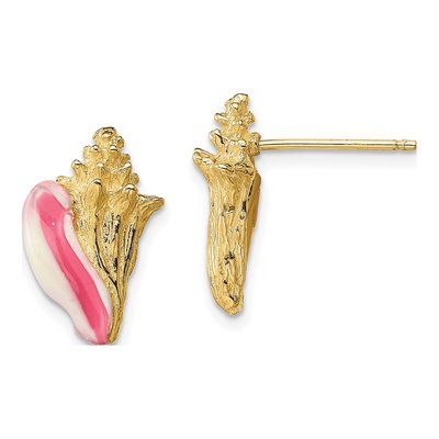 14K Yellow Gold Enamel Conch Shell Stud Earrings