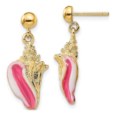 14K Yellow Gold Enamel Conch Shell Dangle Earrings