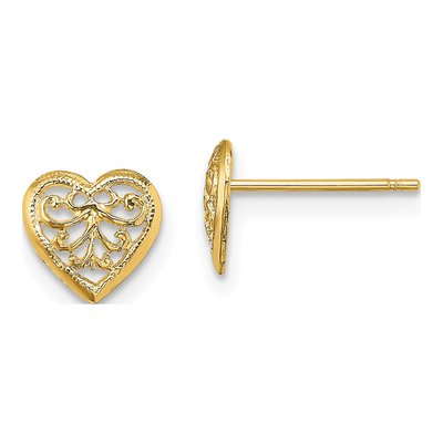 14K Yellow Gold Filigree Heart Stud Earrings