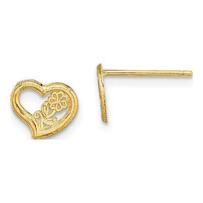 14K Yellow Gold Open Heart Flower Stud Earrings