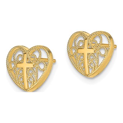 14K Yellow Gold Filigree Heart Cross Stud Earrings – view 3