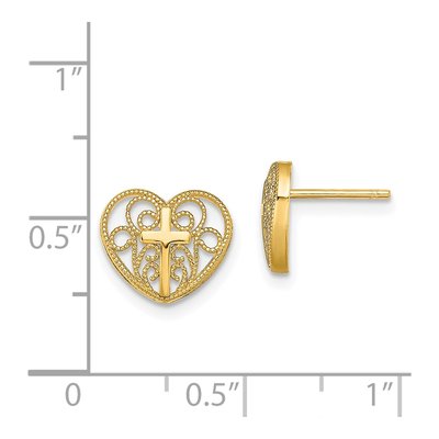 14K Yellow Gold Filigree Heart Cross Stud Earrings – view 5