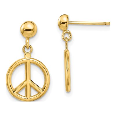 14K Yellow Gold Peace Symbol Dangle Earrings