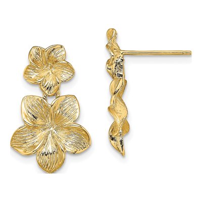 14K Yellow Gold Plumeria Flower Dangle Earrings