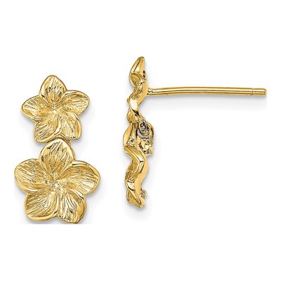 14K Yellow Gold Plumeria Flower Dangle Earrings