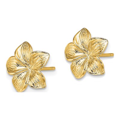 14K Yellow Gold Textured Plumeria Flower Stud Earrings – view 3