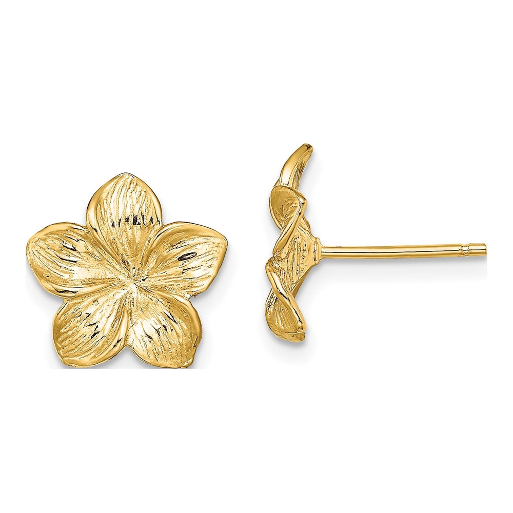 14K Yellow Gold Textured Plumeria Flower Stud Earrings