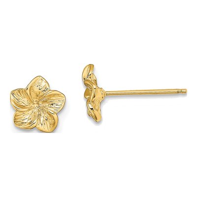 14K Yellow Gold Textured Plumeria Flower Stud Earrings