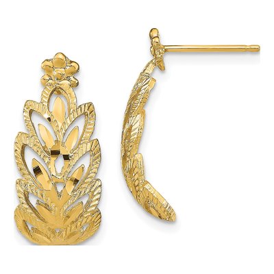 14K Yellow Gold Diamond-Cut Leaf Dangle Earrings