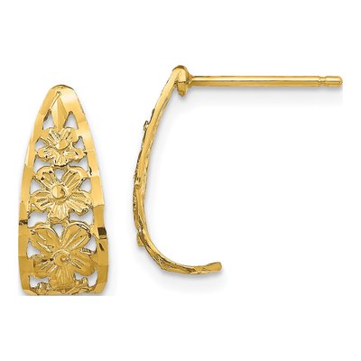 14K Yellow Gold 17mm Diamond-Cut Flower J- Hoop Earrings