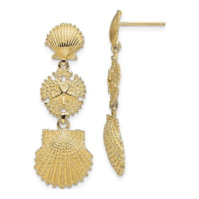 14K Yellow Gold Scallop Sand Dollar Dangle Earrings