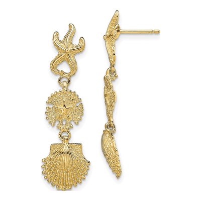 14K Yellow Gold Starfish Shell Dangle Earrings