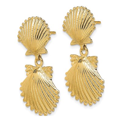 14K Yellow Gold Double Scallop Shell Dangle Earrings – view 3