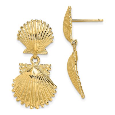 14K Yellow Gold Double Scallop Shell Dangle Earrings