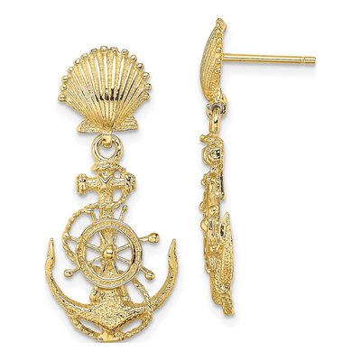 14K Yellow Gold Shell Anchor Dangle Earrings
