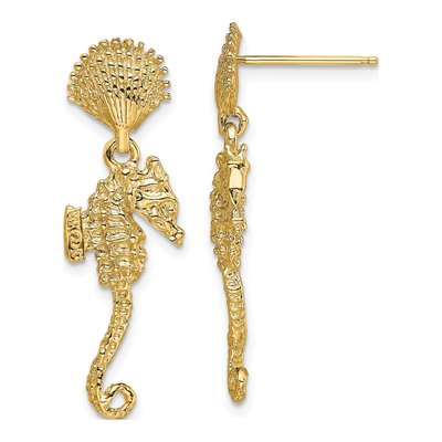 14K Yellow Gold Shell Seahorse Dangle Earrings
