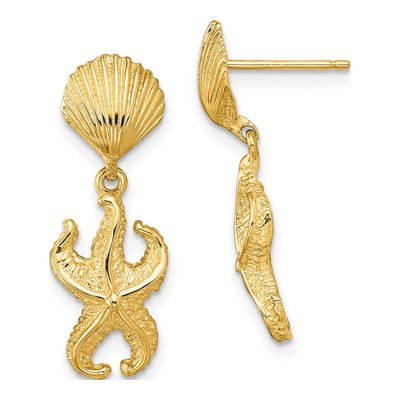 14K Yellow Gold Shell Starfish Dangle Earrings