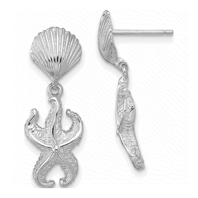 14K White Gold Shell Starfish Dangle Earrings