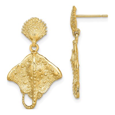 14K Yellow Gold Shell Stingray Dangle Earrings
