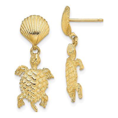 14K Yellow Gold Shell Sea Turtle Dangle Earrings
