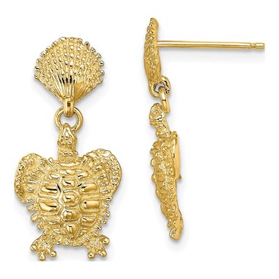 14K Yellow Gold Shell Turtle Dangle Earrings