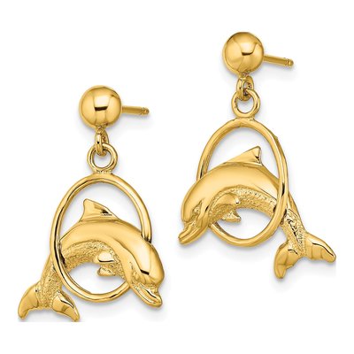 14K Yellow Gold Dolphin Dangle Earrings – view 3