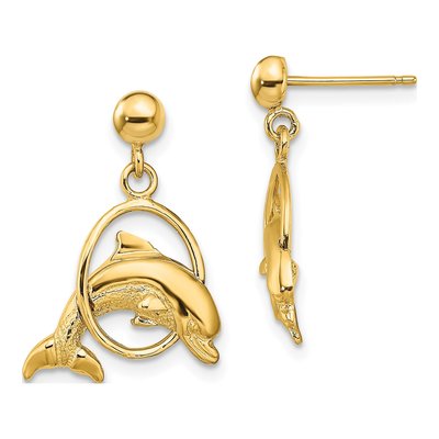 14K Yellow Gold Dolphin Dangle Earrings