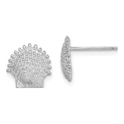 14K White Gold Beaded Scallop Shell Stud Earrings