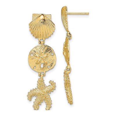 14K Yellow Gold Shell Starfish Dangle Earrings