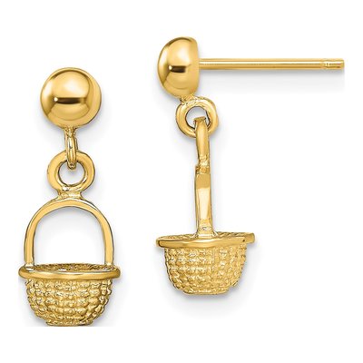 14K Yellow Gold 3D Mini Basket Dangle Earrings
