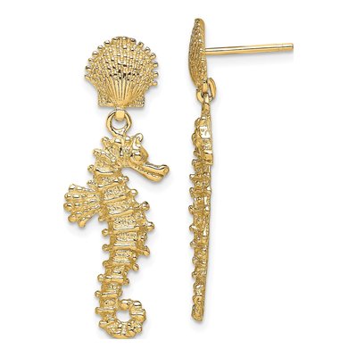 14K Yellow Gold Seahorse Shell Dangle Earrings
