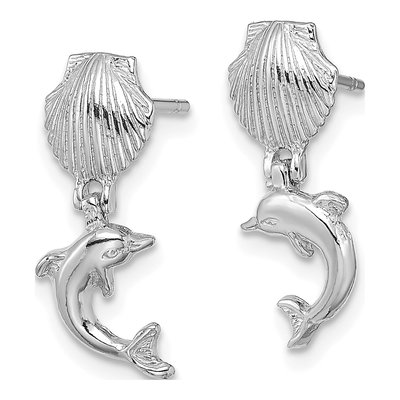 14K White Gold Dolphin Scallop Dangle Earrings – view 3