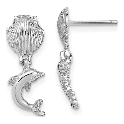 14K White Gold Dolphin Scallop Dangle Earrings