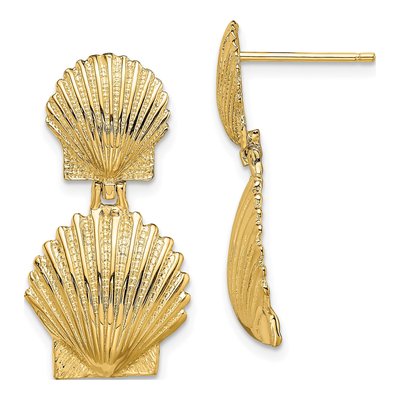 14K Yellow Gold Double Scallop Shell Dangle Earrings