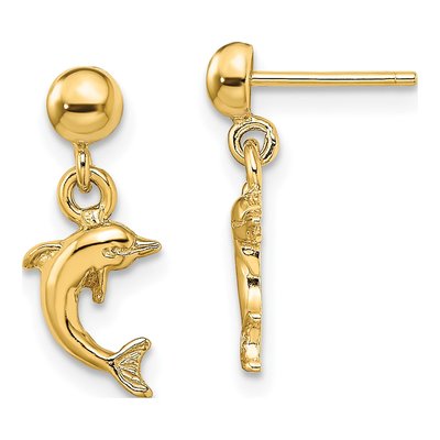 14K Yellow Gold Mini Dolphin Dangle Earrings