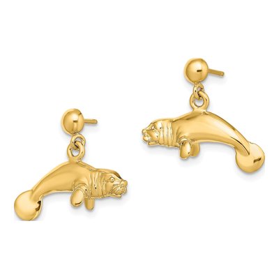 14K Yellow Gold 3-D Manatee Dangle Earrings – view 3
