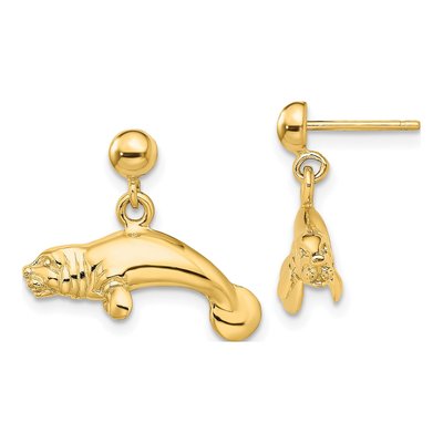 14K Yellow Gold 3-D Manatee Dangle Earrings