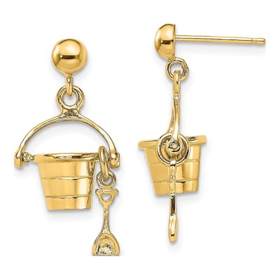 14K Yellow Gold Beach Bucket Shovel Dangle Earrings