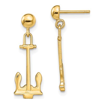 14K Yellow Gold Navy T-Bar Anchor Dangle Earrings